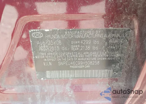 2009 Hyundai Sonata Se z USA, uszkodzony, nr VIN 5NPEU46C99H508258